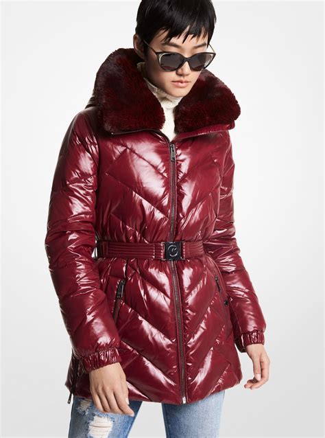 michael michael kors faux-fur-trim belted puffer coat bark|michael kors faux fur coat.